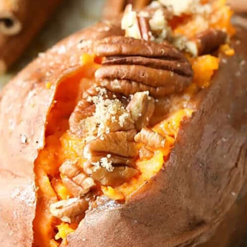 close up of Baked Sweet Potatoes with pecans