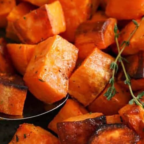 close up of savory Roasted Sweet Potatoes