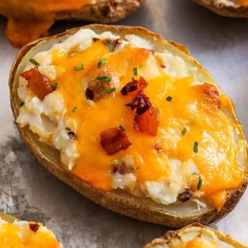close up of Twice Baked Potatoes with bacon