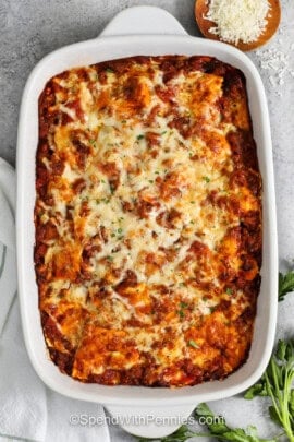 Ravioli Lasagna baked in a casserole dish