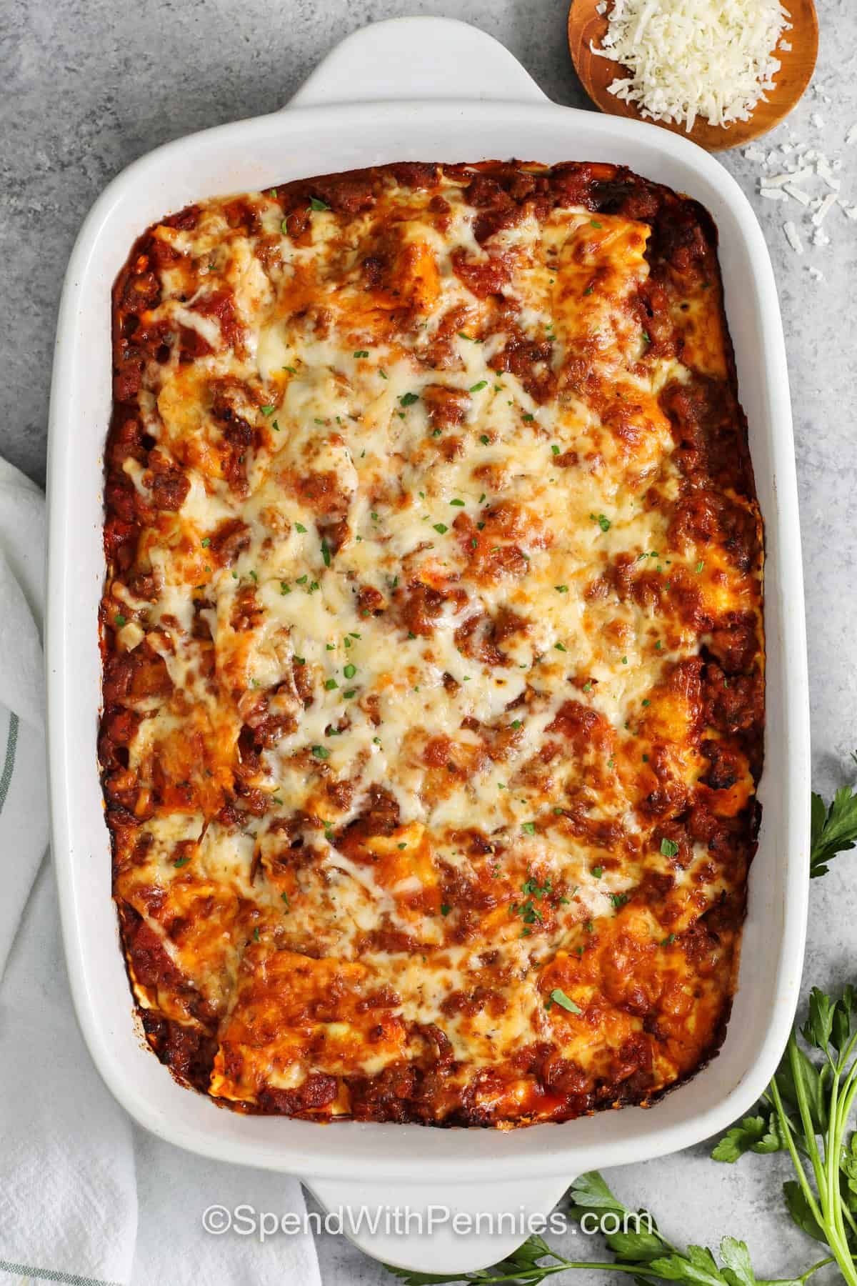 Ravioli Lasagna baked in a casserole dish