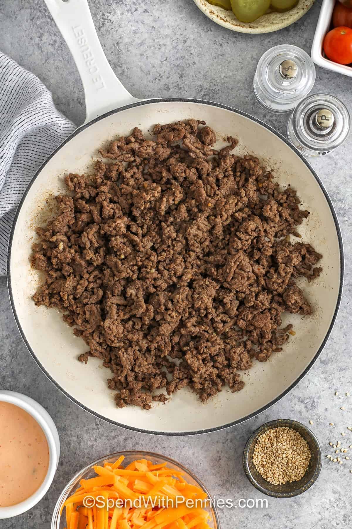 cooking ground beef to make Burger Bowls