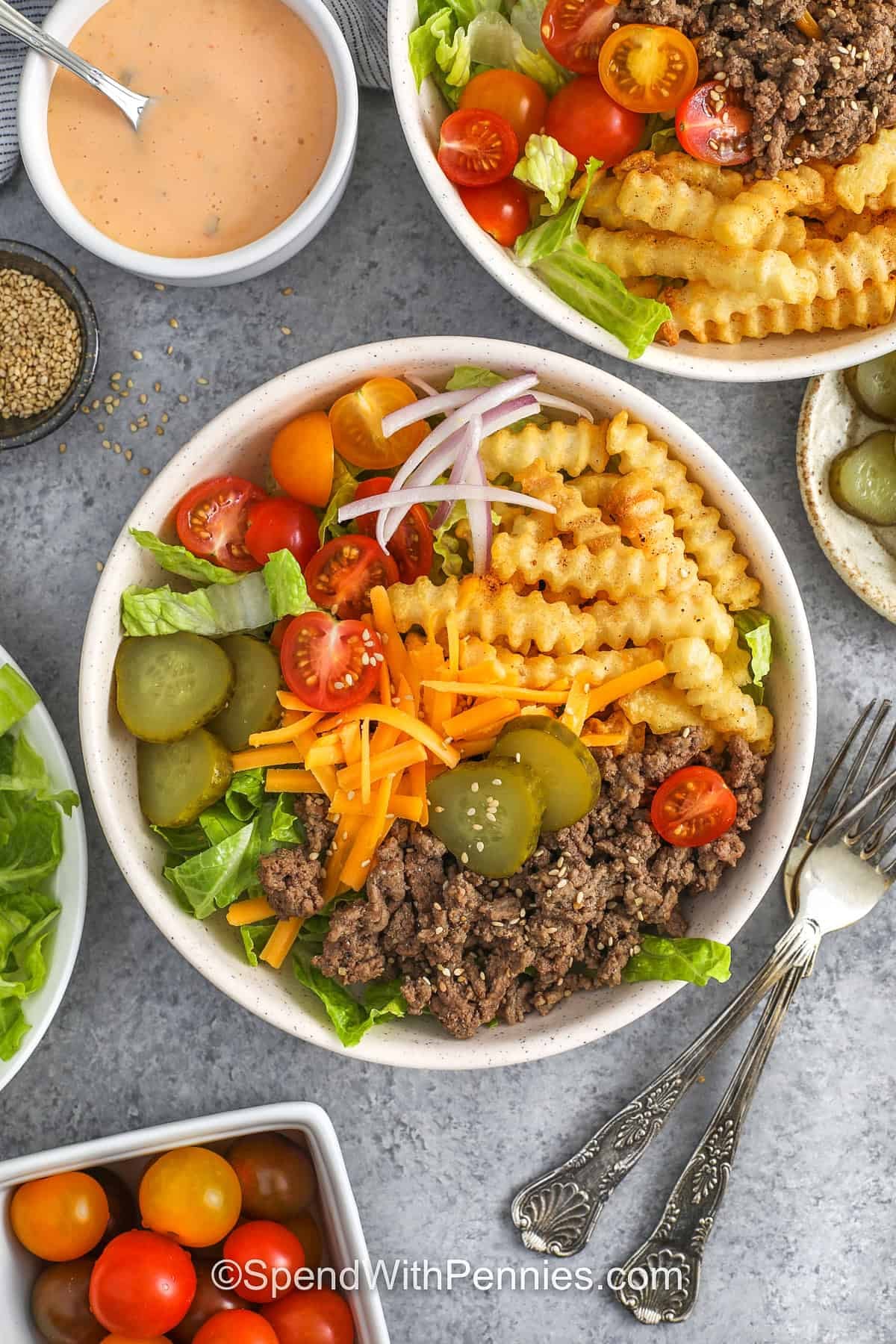 Burger Bowls with fries