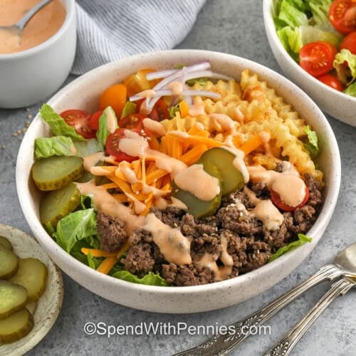 Burger Bowls with sauce on top