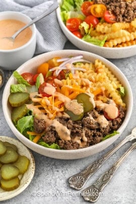 delicious Burger Bowls with sauce over top