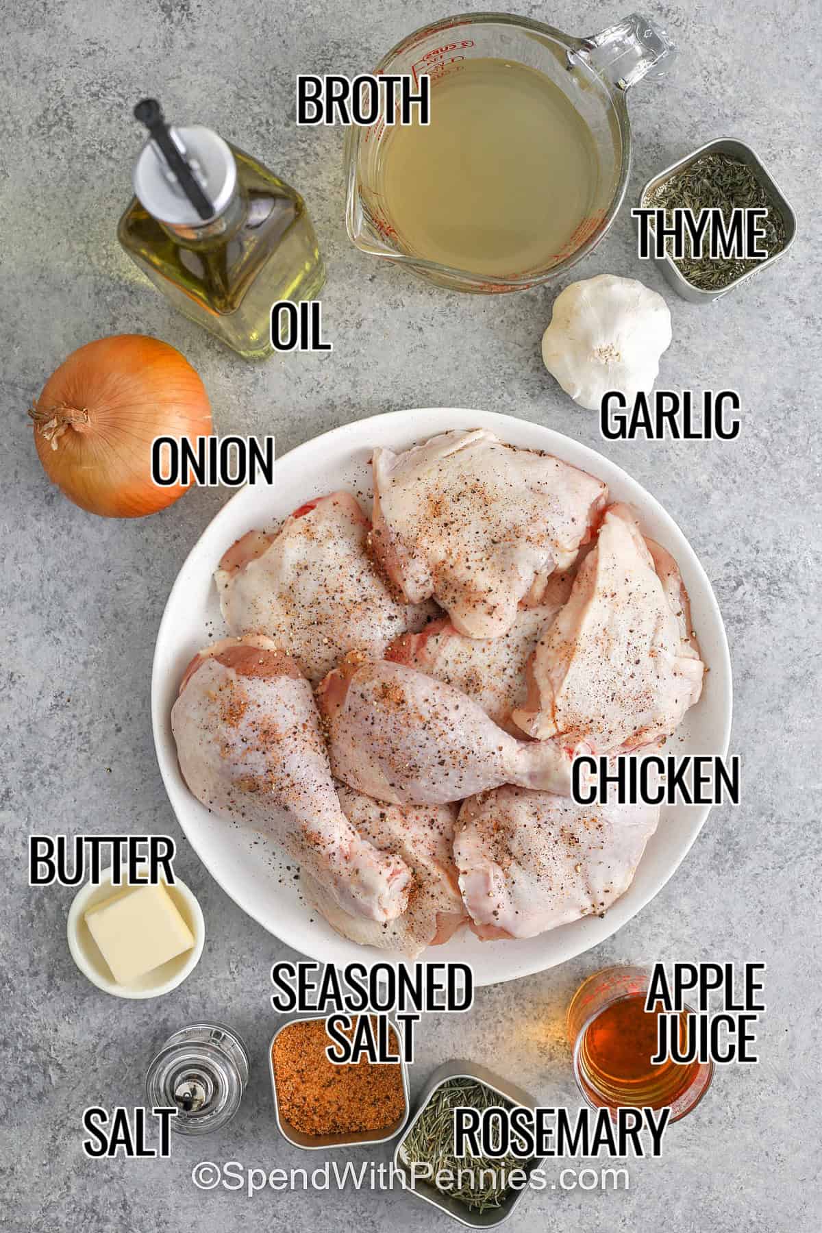 This braised chicken is a family-style dinner that pairs with almost any side. The chicken browns first for deep flavor, then braises in broth with onions, garlic, and herbs until tender. A small splash of apple juice gives the sauce a subtle lift and a more rounded taste. Uncover to finish the skin, then serve with rice, potatoes, or crusty bread to catch the pan juices. #spendwithpennies broth , rosemary , garlic , oil , onion , chicken , butter , seasoned salt , salt , thyme , apple juice with labels to make Easy Braised Chicken