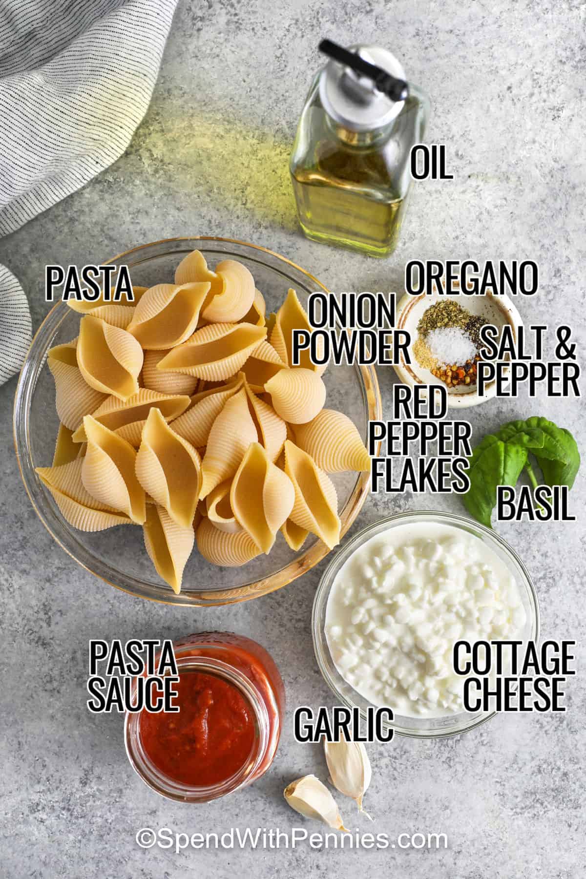 oil , oregano , onion powder , pasta , red pepper flakes , basil , cottage cheese , garlic , pasta sauce , salt and pepper with labels to make Cottage Cheese Pasta Sauce