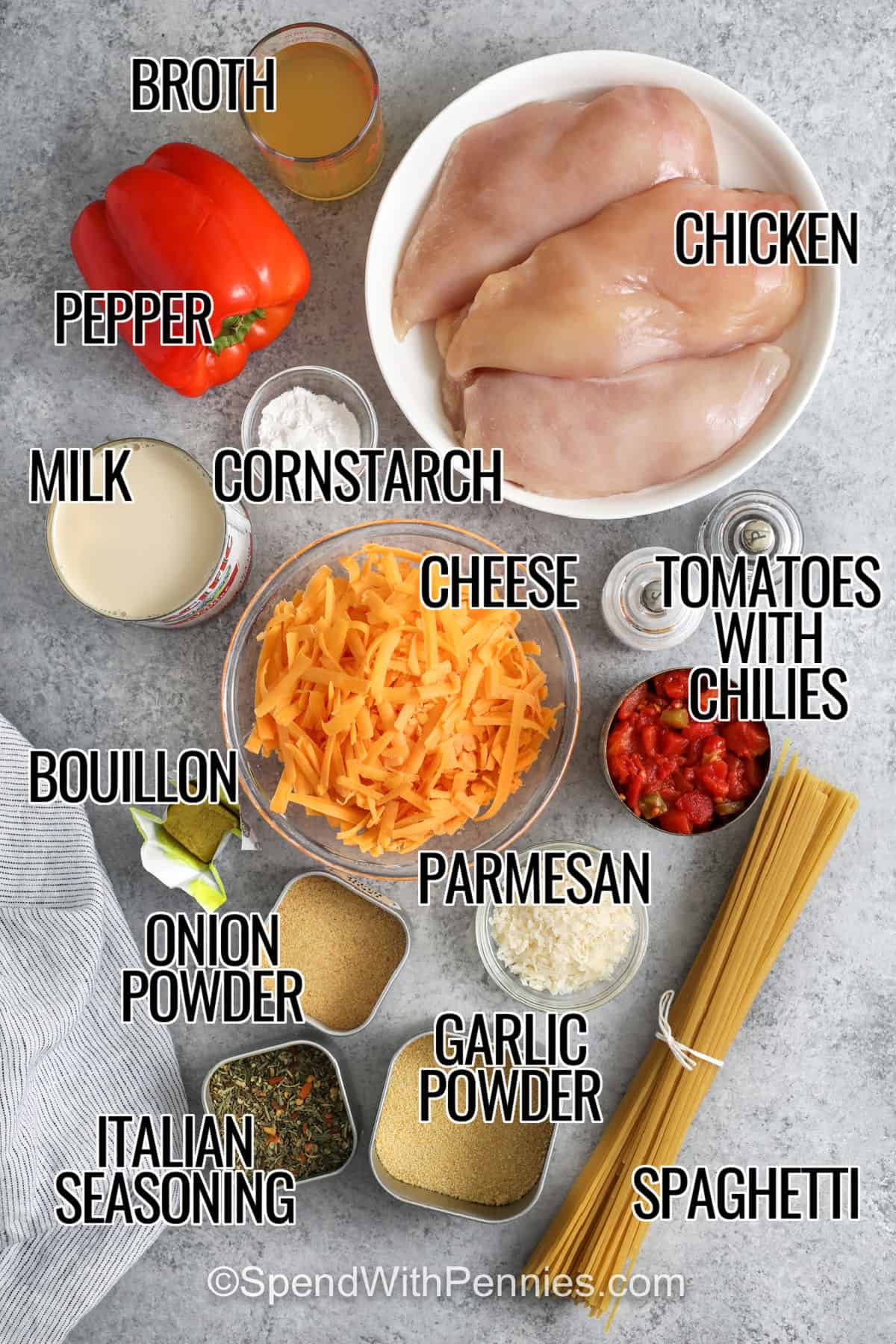 broth , pepper , milk , cornstarch , chicken , cheese , bouillon , onion powder , italian seasoning , garlic powder , spaghetti , parmesan , tomatoes with chilies with labels to make Crockpot Chicken Spaghetti