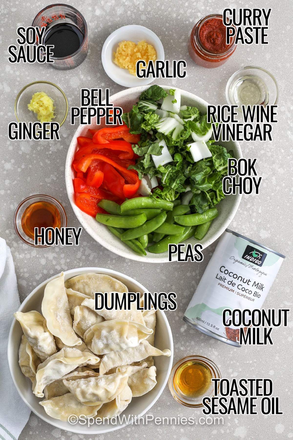 soy sauce , ginger , curry paste , oil , bell pepper , ginger, vinegar, box chop, peas , coconut milk , dumplings , honey with labels to make Dumpling Bake
