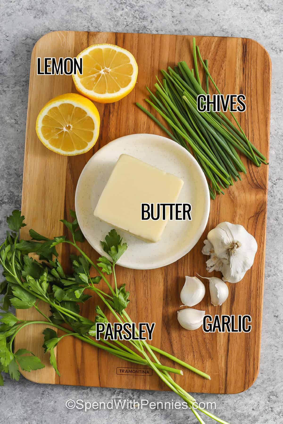 lemon , chives , butter , garlic , parsley with labels to make Garlic Butter Recipe