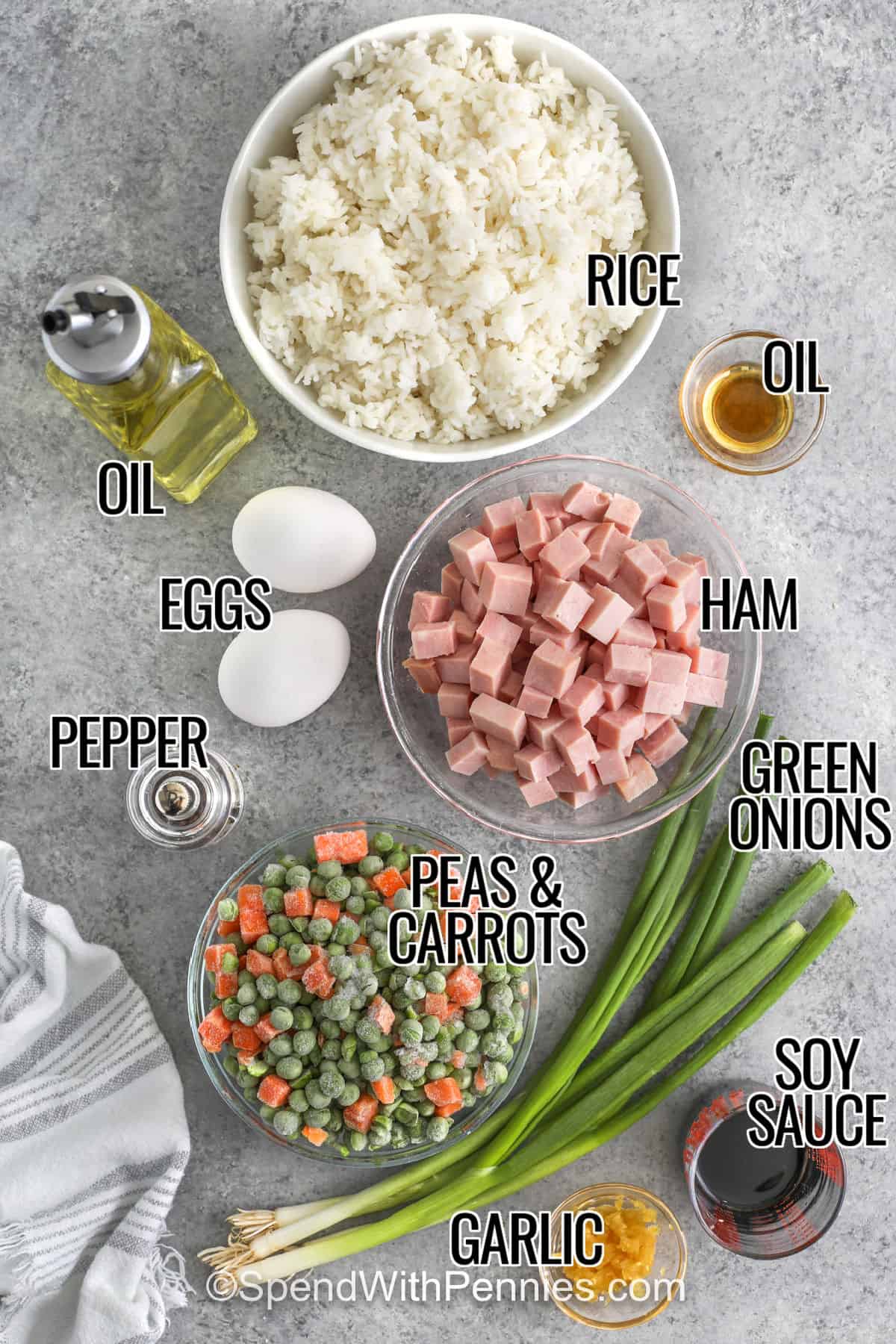 labelled ingredients for ham fried rice