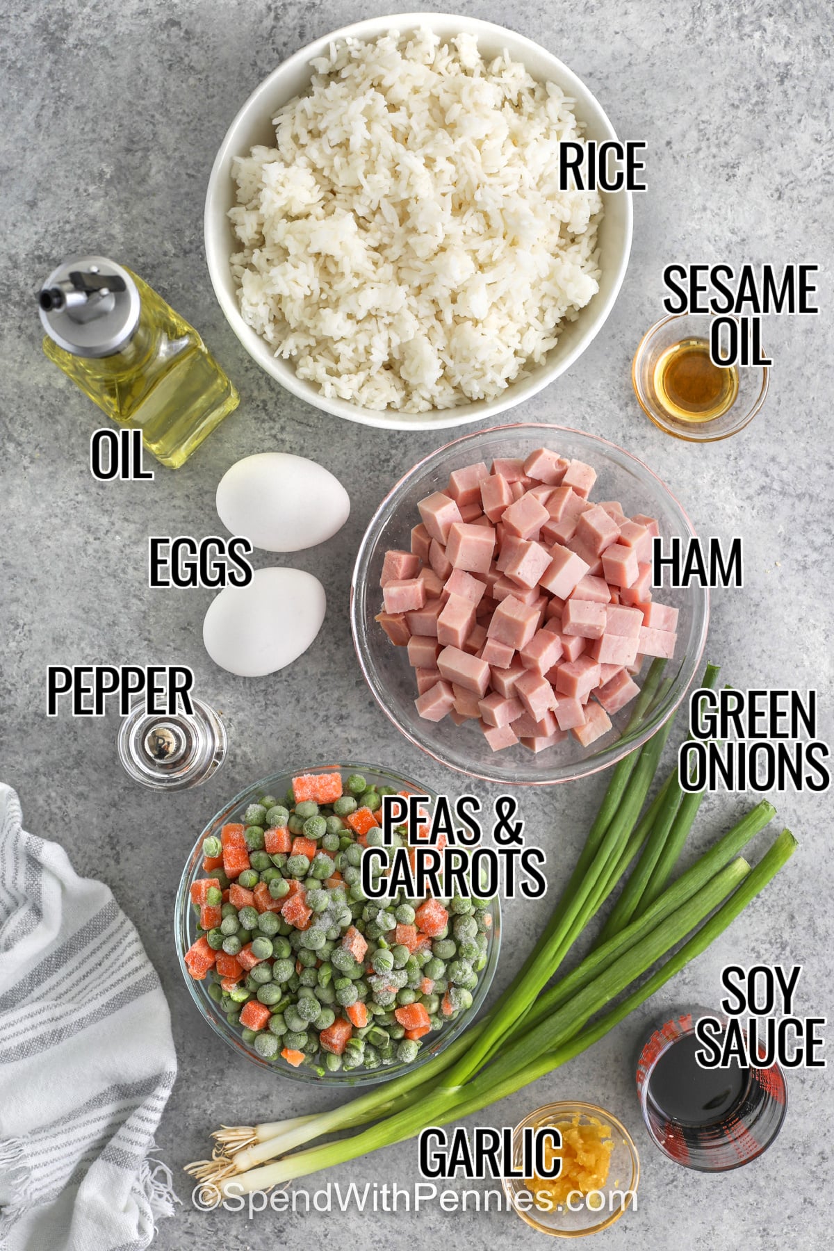 labelled ingredients for ham fried rice: rice, sesame oil, oil, eggs, pepper, ham, green oninos, peas & carrots, soy sauce and garlic