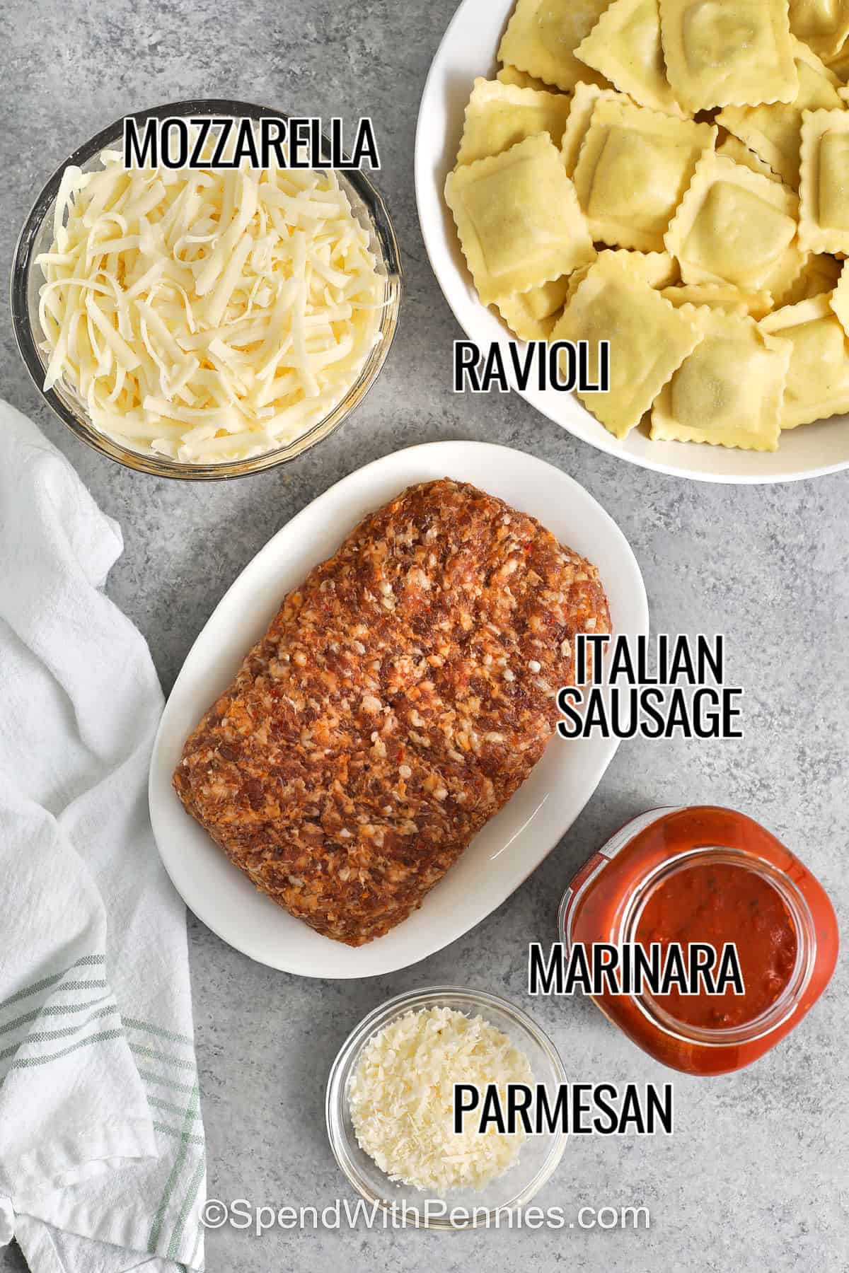 mozzarella, ravioli, italian sausage , marinara , parmesan with labels to make Ravioli Lasagna
