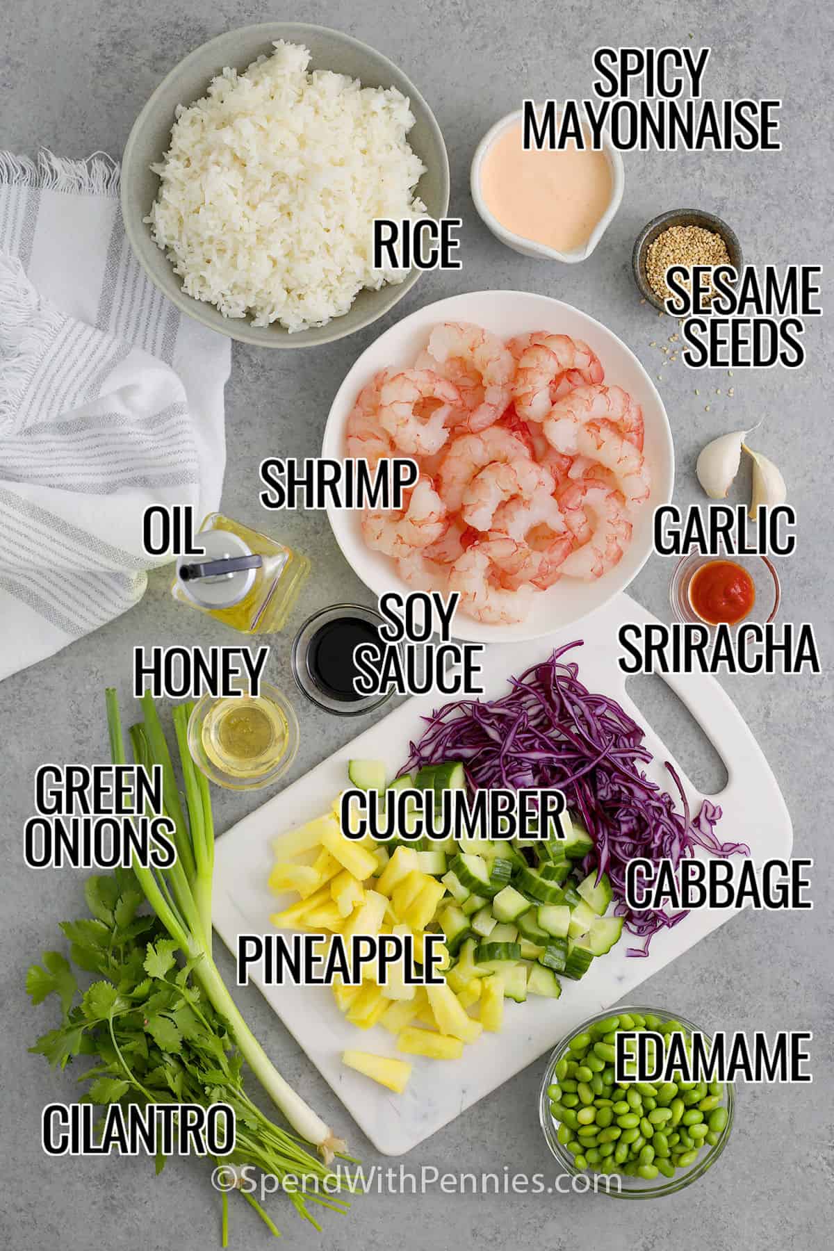 Ingredients to make a shrimp bowl labeled: spicy mayonnaise, sesame seeds, rice, shrimp, oil, garlic, sriracha, soy sauce, honey, cucumber, cabbage, pineapple, edamame, green onions, and cilantro