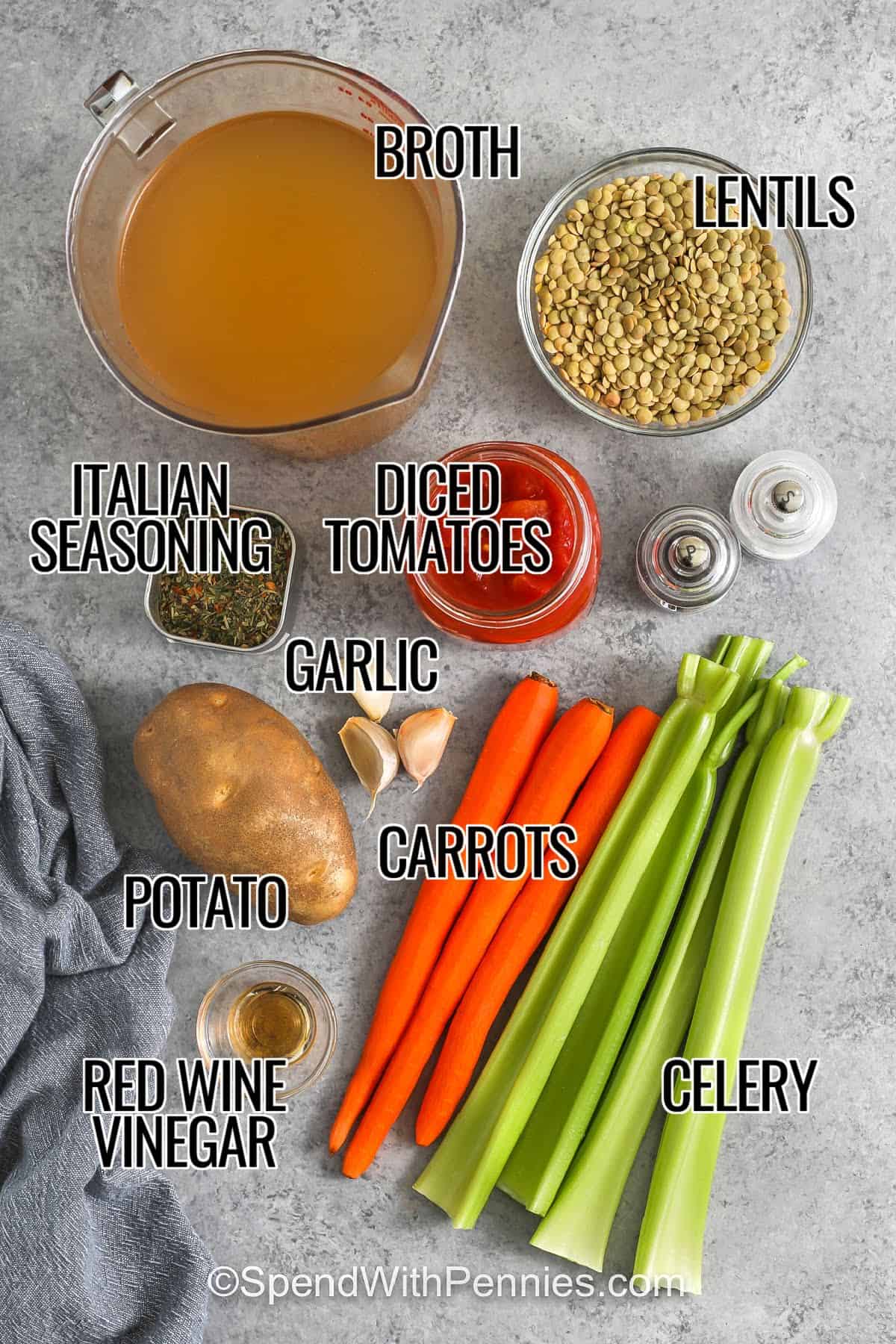 broth , lentils , diced tomatoes , italian seasoning , garlic , potato , carrots , celery , red wine vinegar , salt and pepper with labels to make Slow Cooker Lentil Soup