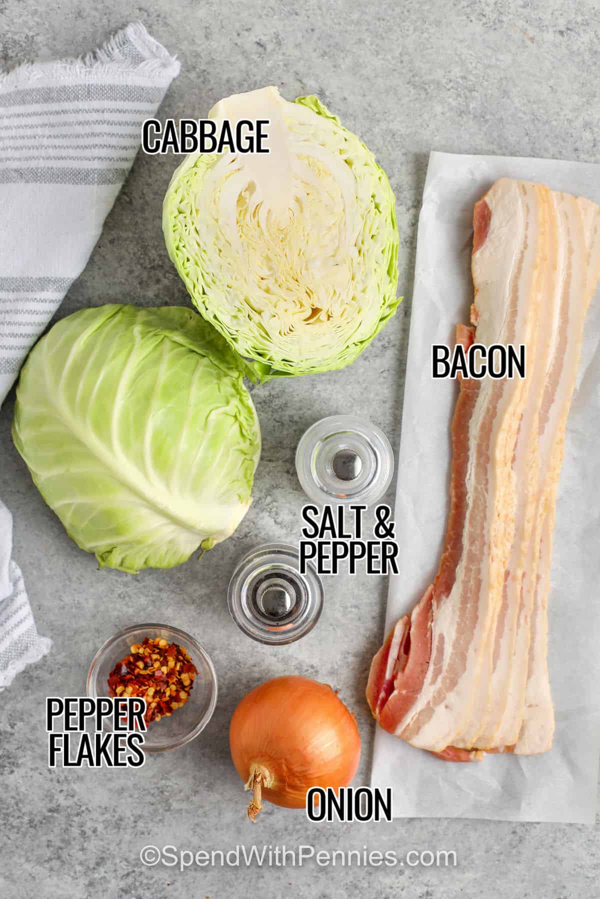 cabbage , bacon , pepper flakes , onion , salt and pepper with labels to make Fried Cabbage