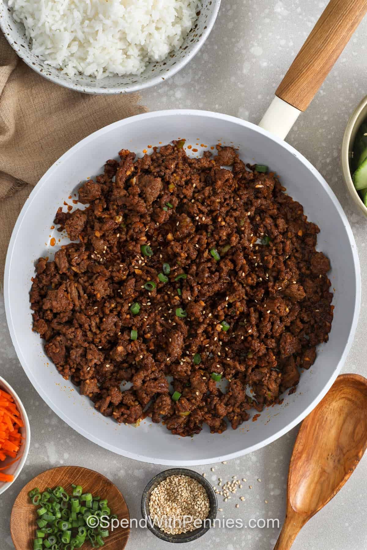 seasoned and cooked ground beef in the pan to make Korean Ground Beef Bowls