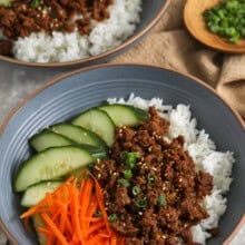 Korean Ground Beef Bowls with carrots and cucumbers