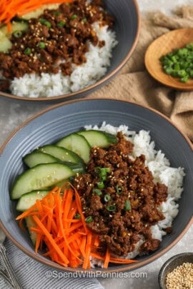 Korean Ground Beef Bowls with carrots and cucumbers