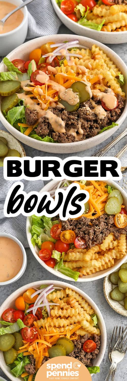 top view of Burger Bowls and close up of bowl with sauce drizzled on top and a title