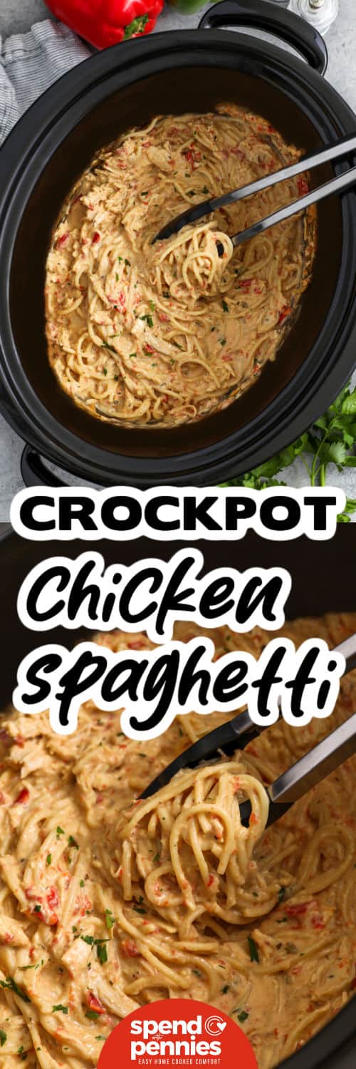 Crockpot Chicken Spaghetti in the pot and close up photo with a title