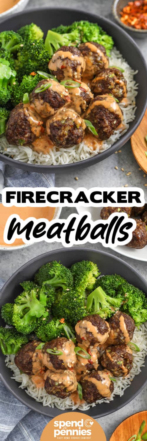 Firecracker meatballs are perfect for parties because they hold well and the sauce can be served on the side for dipping. The baked meatballs are seasoned with garlic and ginger, and the firecracker sauce is creamy and spicy with sriracha, honey, soy sauce, and red pepper flakes. Add sesame oil for a toasty finish and garnish with green onions for a bright pop. #spendwithpennies two images of firecracker meatballs with writing