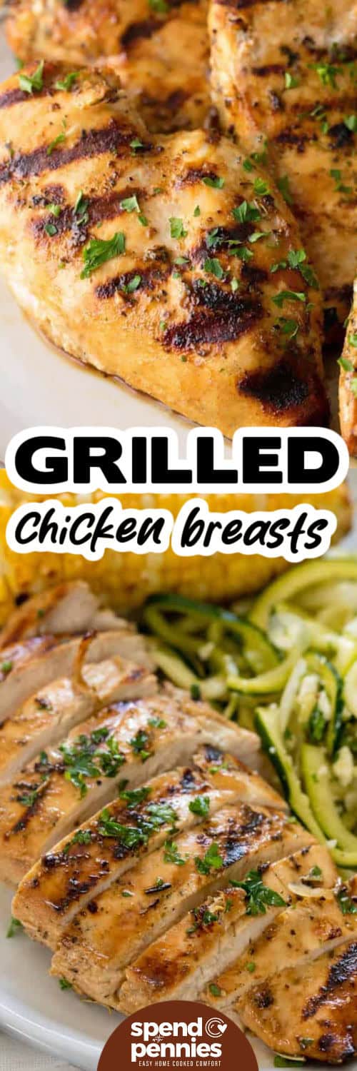 These easy grilled chicken breasts are perfect when you need a fast dinner that still feels fresh and homemade. The marinade uses pantry staples, including oil, vinegar, Worcestershire, and seasonings, so there is no complicated prep. Grill the chicken until tender, let it rest, and serve it with summer sides or pack the leftovers for lunches throughout the week. #spendwithpennies grilled chicken breasts sliced and plated with writing