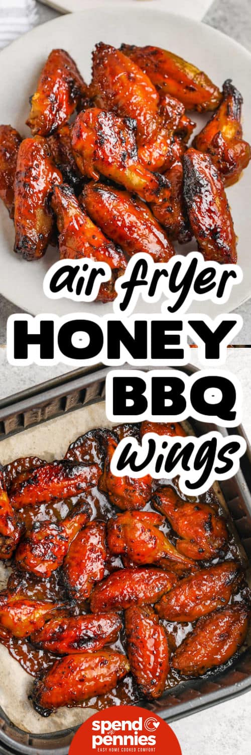 air fryer Honey BBQ Wings in the fryer and plated with a title
