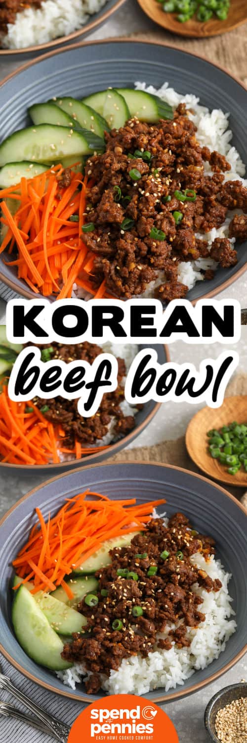 plated Korean Ground Beef Bowls and close up photo with a title