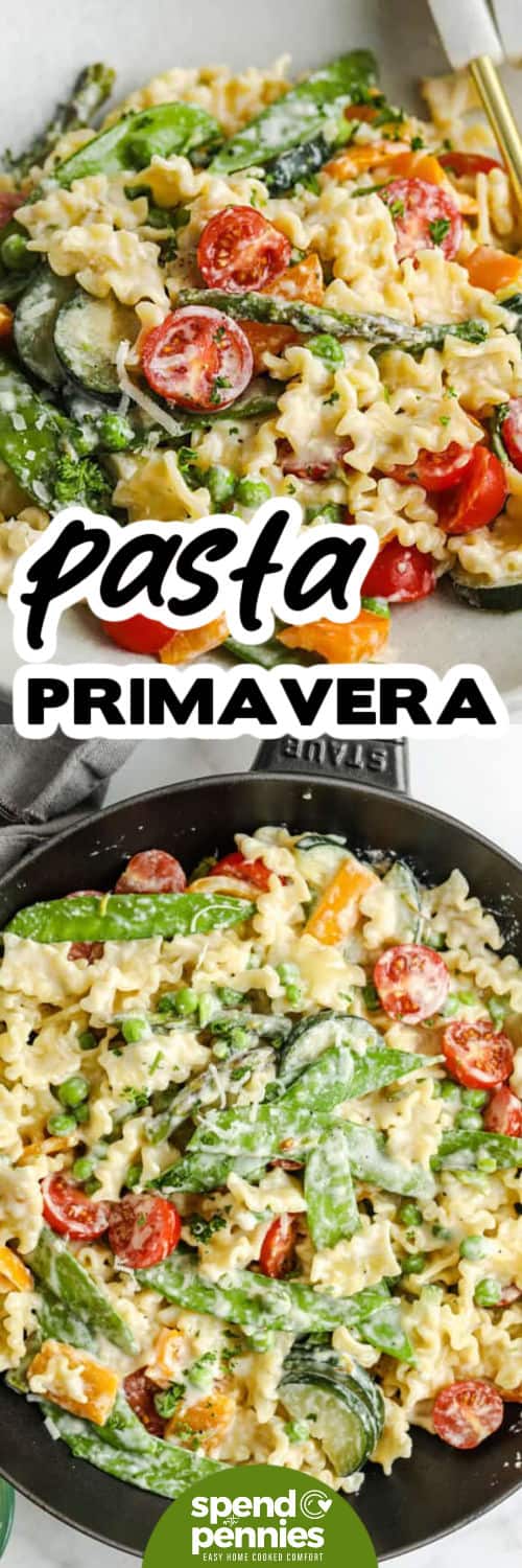 two images of pasta primavera in a bowl and in a skillet with writing