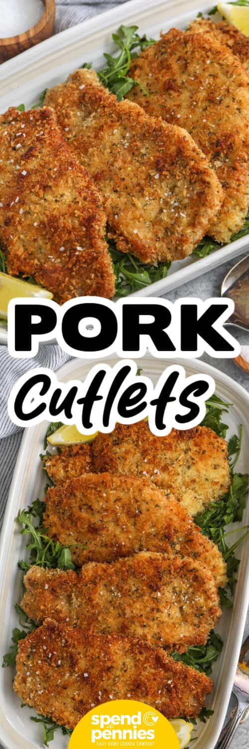 Pork Cutlets on a plate and close up photo with a title