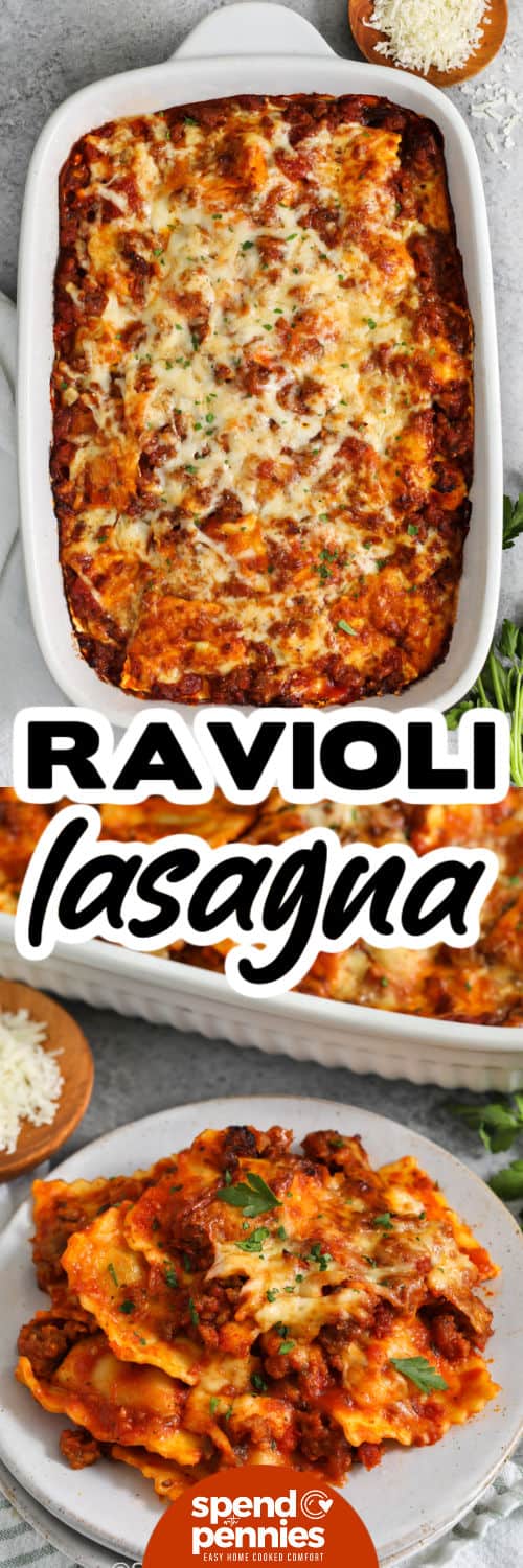 Ravioli Lasagna in the dish and a slice plated with a title