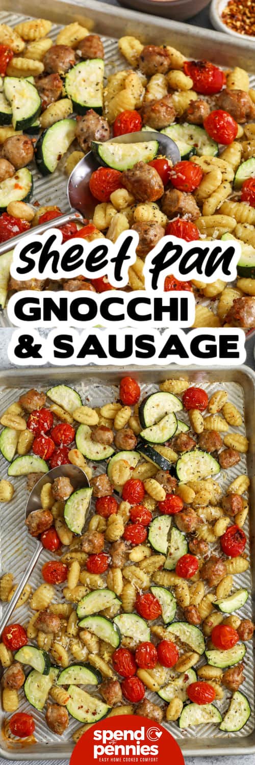 Sheet Pan Gnocchi & Sausage on the sheet pan and close up photo with a title