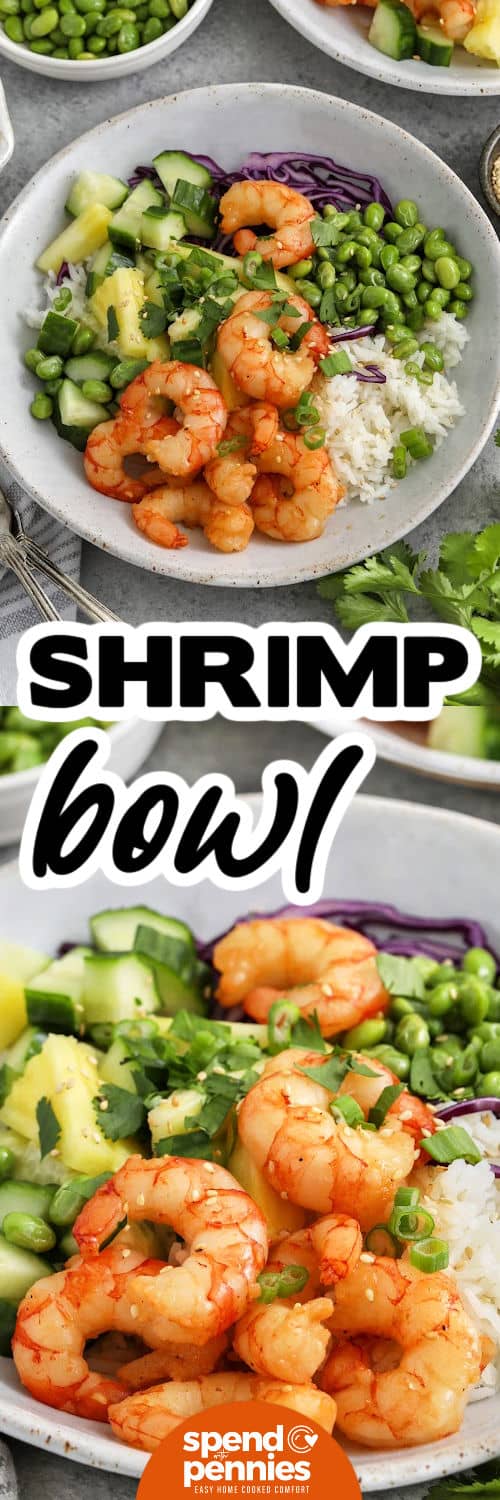 top image - prepared shrimp bowl ready to serve. Bottom image - a closer image of the prepared shrimp bowl with a title