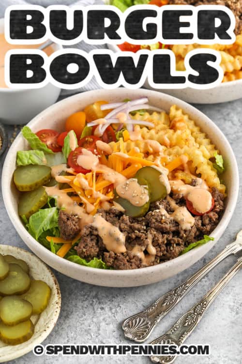 Burger Bowls with fries and a title