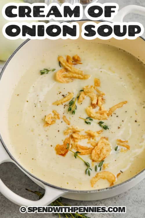 Cream of Onion Soup in a pit with a title