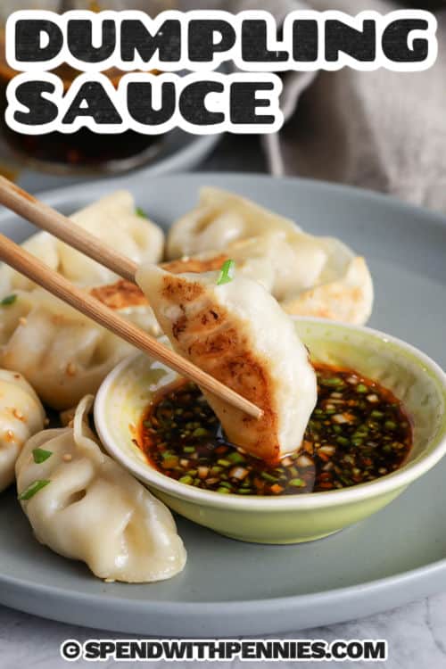 If you need a simple dumpling sauce that tastes fresh and flavorful, this one is easy to keep in regular rotation. Soy sauce and rice vinegar build the base, a little sugar softens the acidity, and toasted sesame oil brings warmth and richness. It is perfect for meal prep because you can make it ahead, store it in a jar, and use it all week with dumplings, bowls, or stir-fried vegetables. #spendwithpennies dipping dumplings in Dumpling Sauce with a title