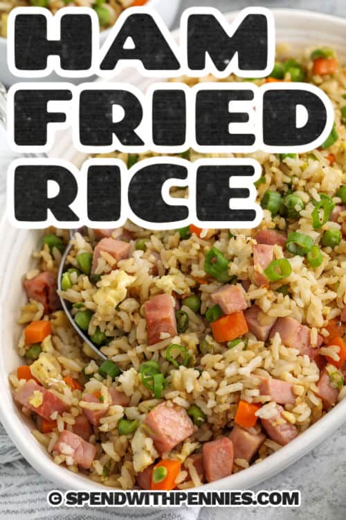 ham fried rice in a bowl with writing
