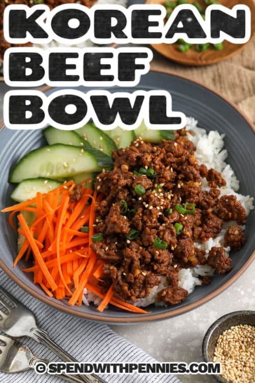 close up of plated Korean Ground Beef Bowls with a title