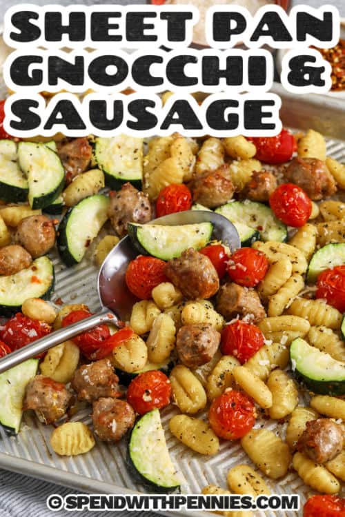Sheet Pan Gnocchi & Sausage with a spoon and a title