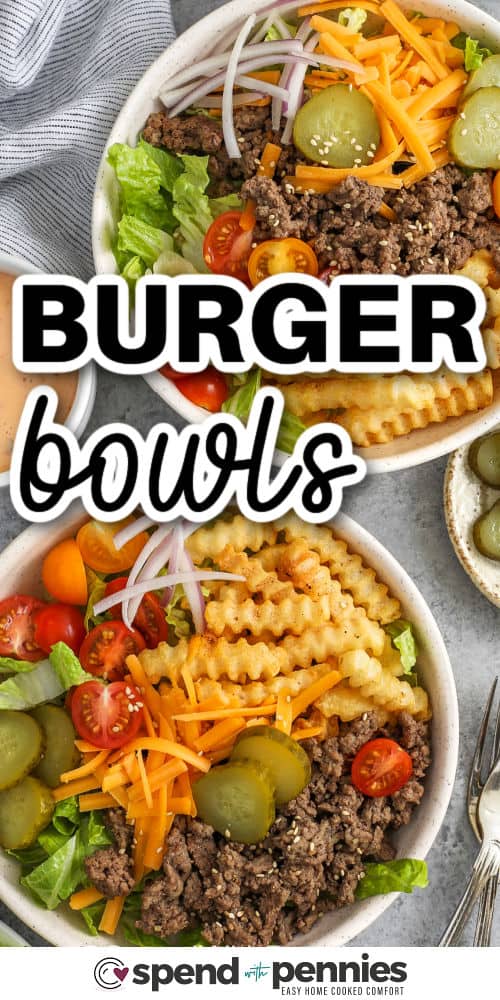 Burger Bowls with crispy fries and a title