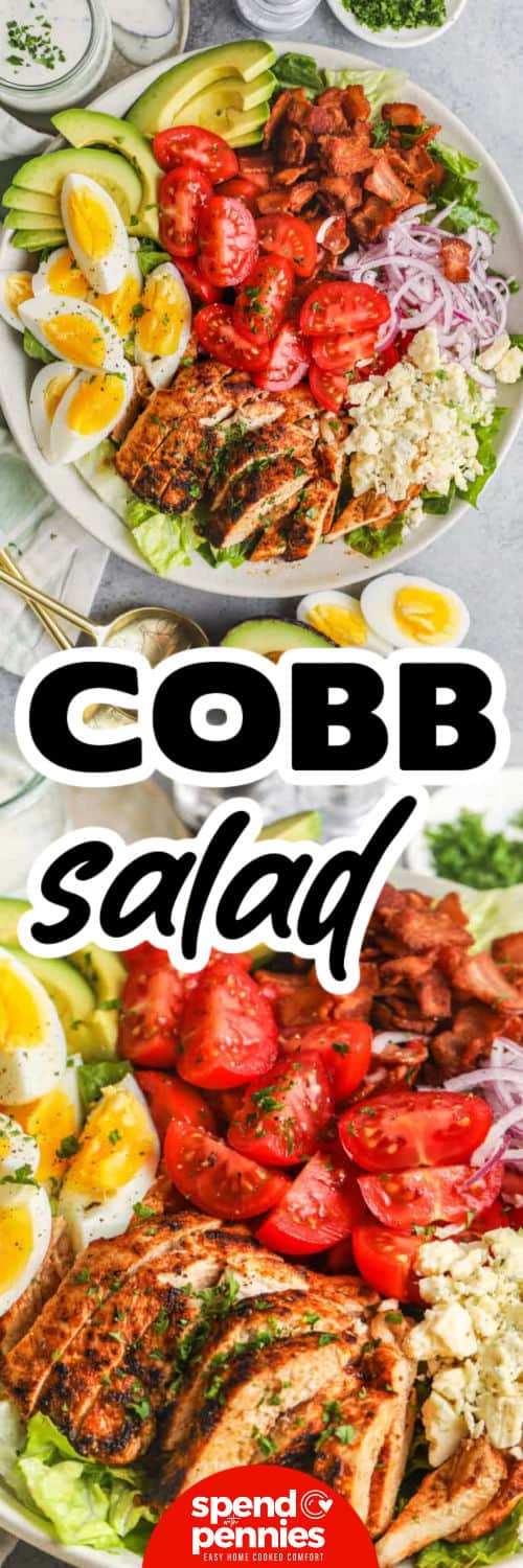 Cobb Salad in a bowl and close up of Cobb Salad with a title