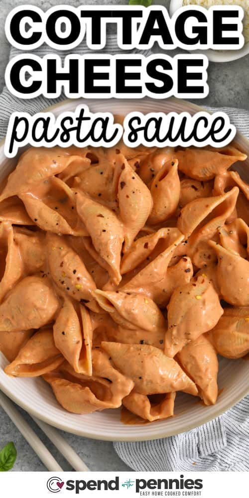 plated Cottage Cheese Pasta Sauce with writing