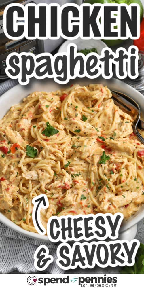 cheesy and savory Crockpot Chicken Spaghetti with writing