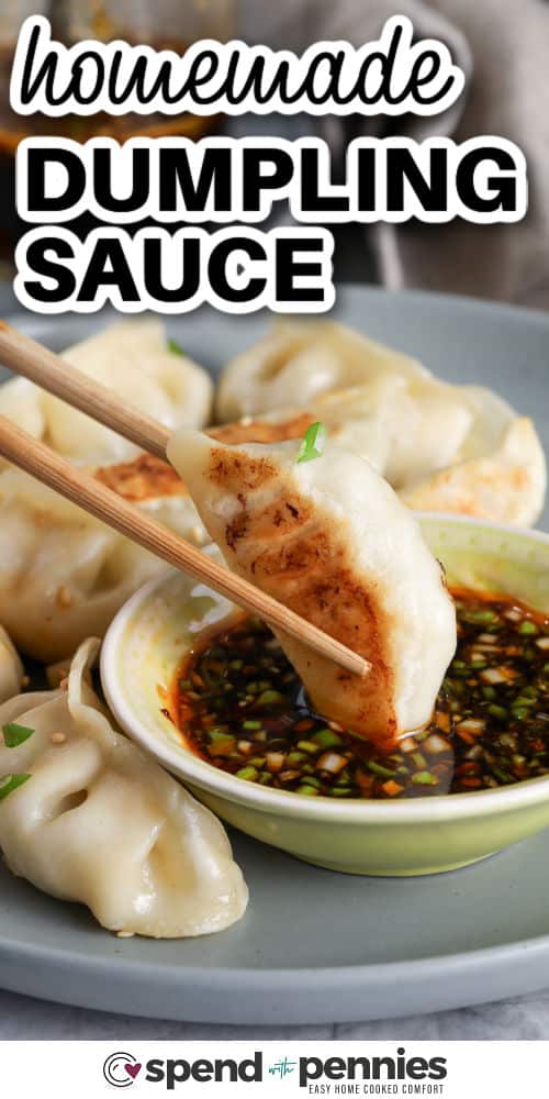 This easy dumpling sauce uses pantry staples and delivers a great mix of salty, tangy, lightly sweet flavor in just minutes. Green onion adds freshness, sesame oil gives it depth, and a spoonful of sugar smooths out the edges so the sauce tastes balanced, not sharp. It is a practical recipe to keep on repeat for frozen dumplings, homemade dumplings, spring rolls, and leftover rice. #spendwithpennies homemade Dumpling Sauce with dumplings with a title