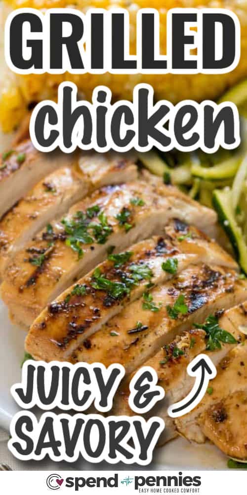This grilled chicken breast recipe is a dependable way to make lean chicken taste tender and full of flavor. A quick marinade with vinegar, lemon juice, garlic powder, and herbs adds savory tang while helping the chicken stay juicy on the grill. It is a smart recipe to keep on hand when you want something that works for dinner now and leftovers later in the week. #spendwithpennies sliced chicken breasts with writing