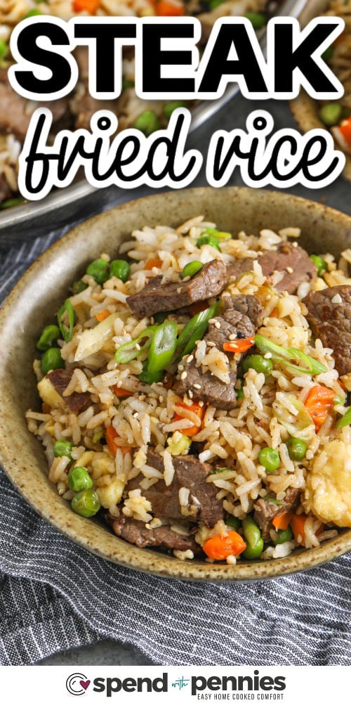 steak fried rice in a bowl with writing