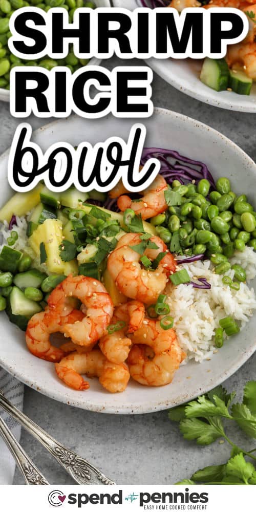 A prepared shrimp bowl ready to serve with a title