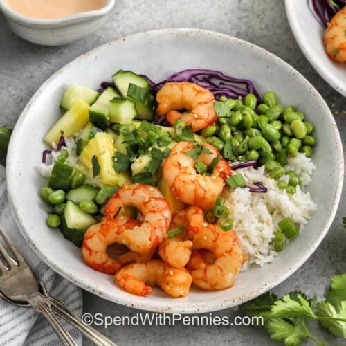 A prepared shrimp bowl topped with green onions and cilantro