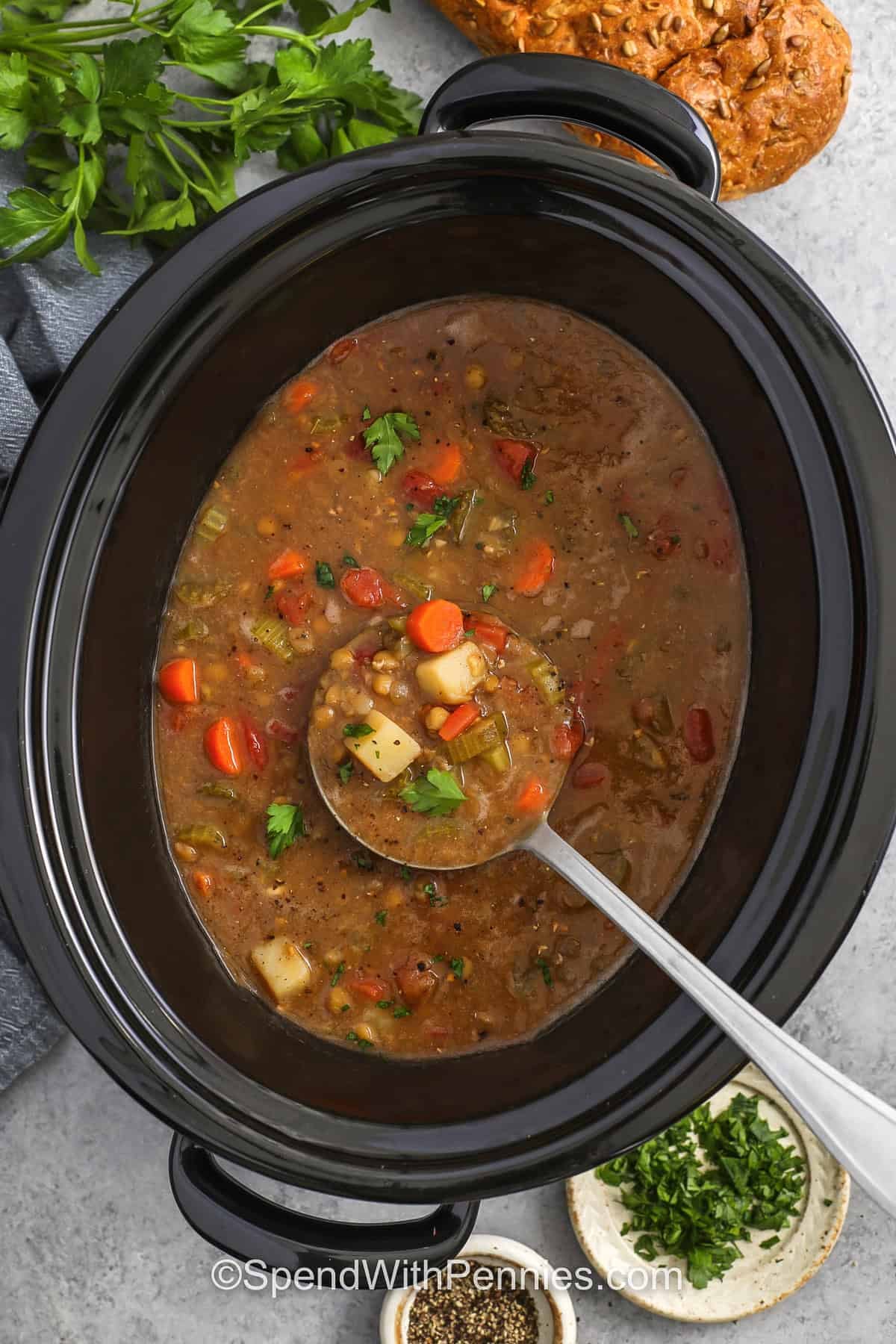 slow cooker full of Slow Cooker Lentil Soup